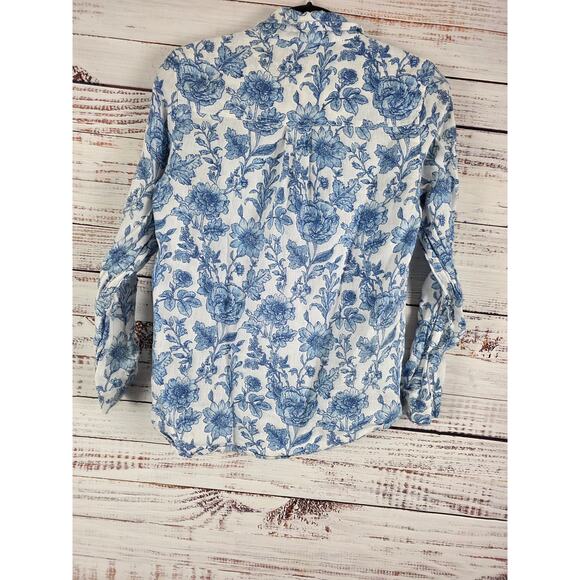 Rachel Zoe Button Front Top M Womens 100% Linen White Blue Floral Long Sleeve - Picture 4 of 7